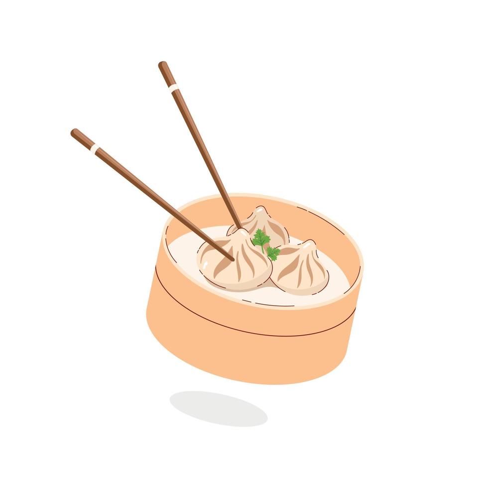 Asian food, Xiao long bao, steamed Chinese buns in a bamboo basket on white background. Vector illustration