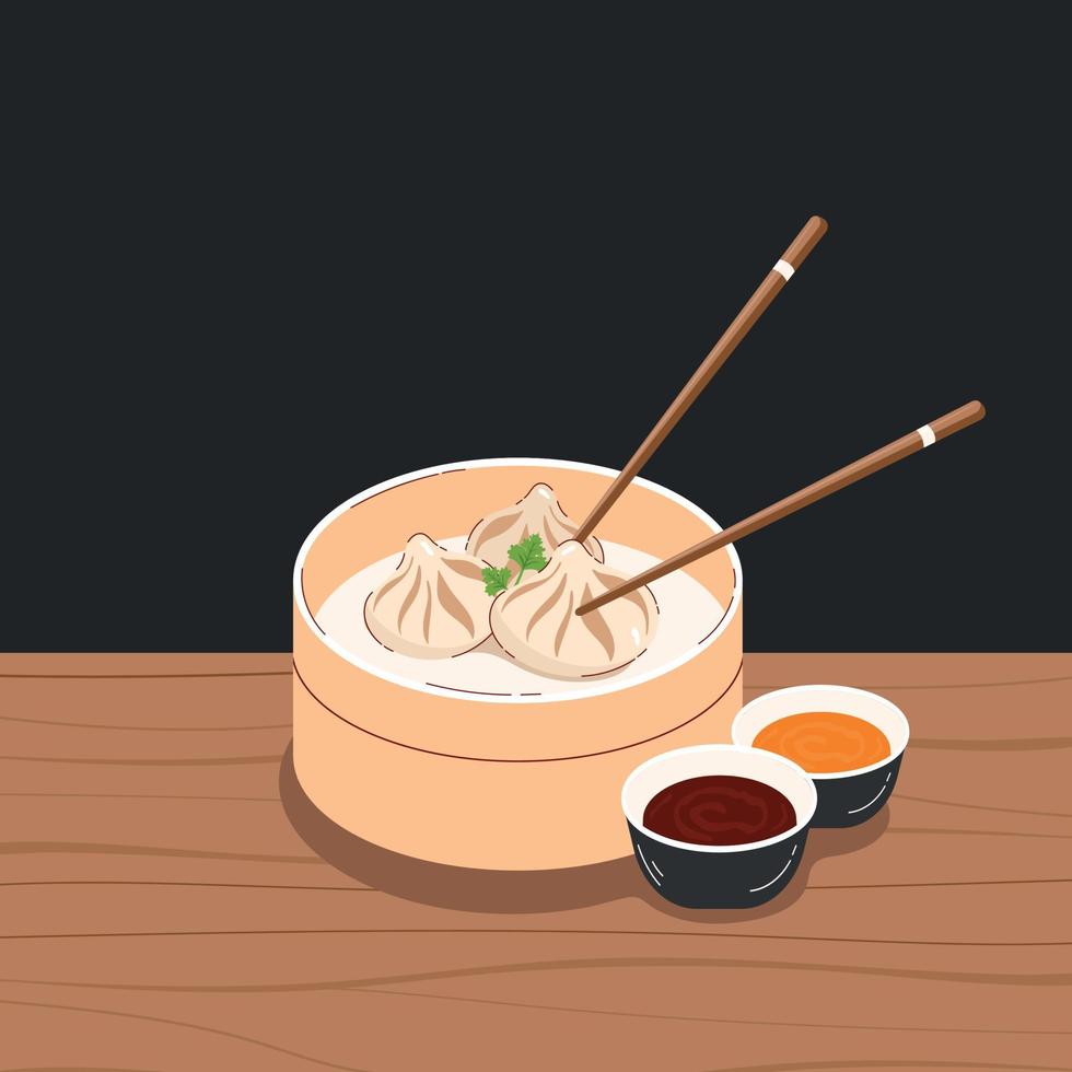 Asian food, Xiao long bao, steamed Chinese buns in a bamboo basket with sauces. Vector illustration