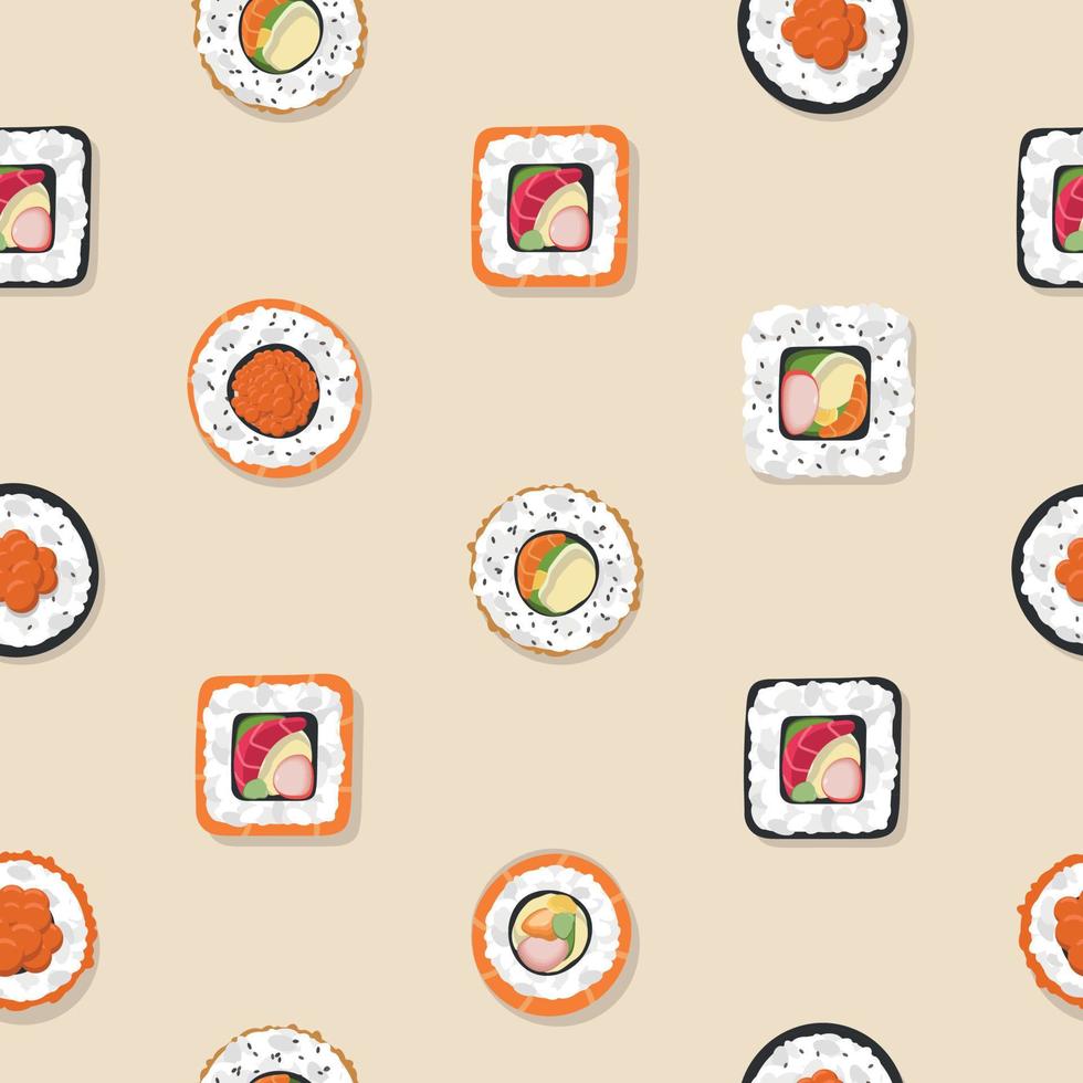 Seamless drawing of Japanese Asian food. A set of different rolls. Vector