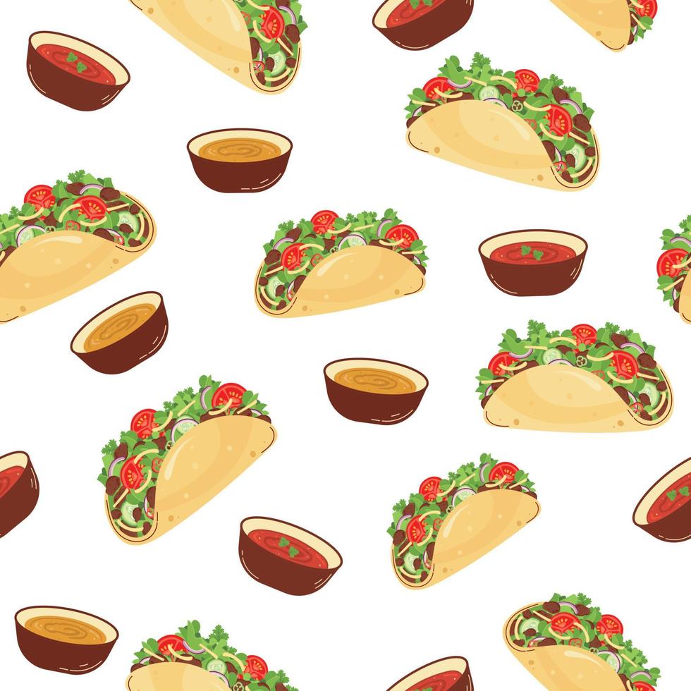 Seamless pattern with Mexican food. Tacos with sauces. Latin American food on white background. Vector illustration.