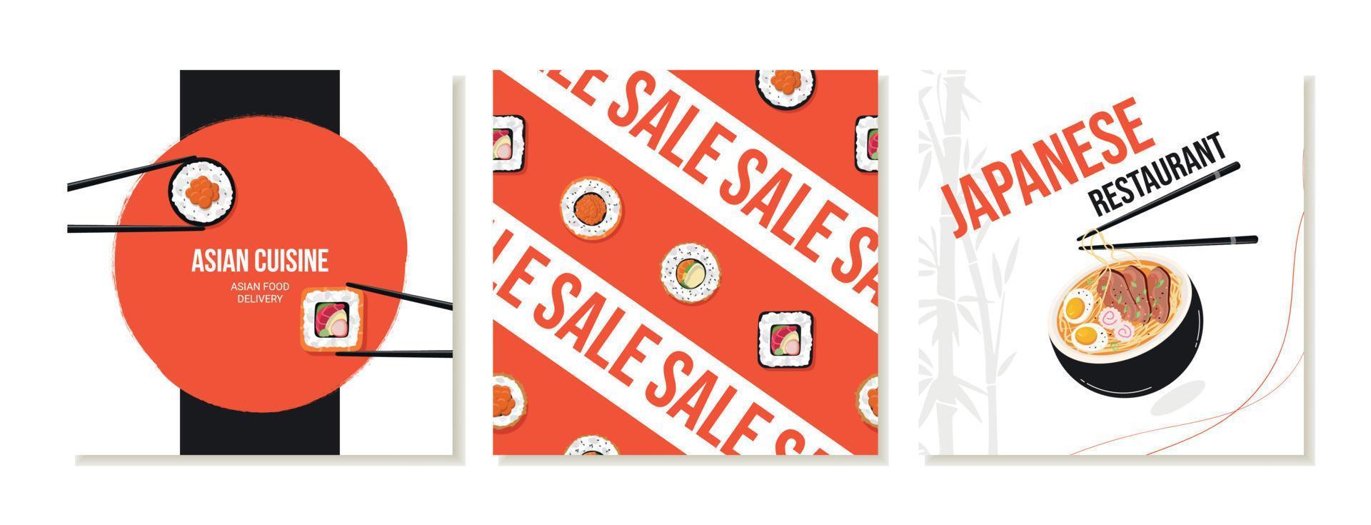 Square social media templates for Asian Japanese restaurants. Asian food, rolls, ramen. Vector