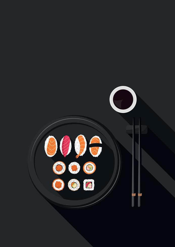 Banner of Japanese sushi and rolls in a plate on a black background. Asian cuisine restaurant concept. Vector