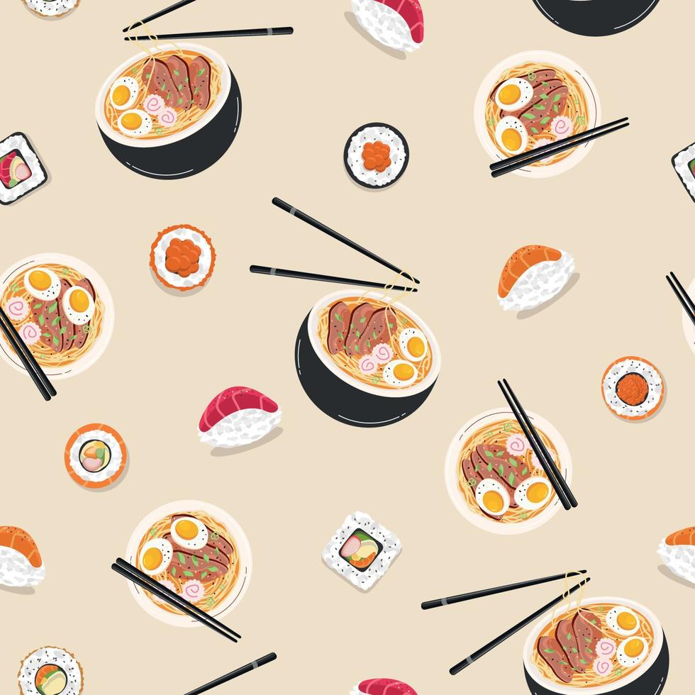 Seamless pattern with Asian food. Japanese food, rolls, sushi and ramen. Vector
