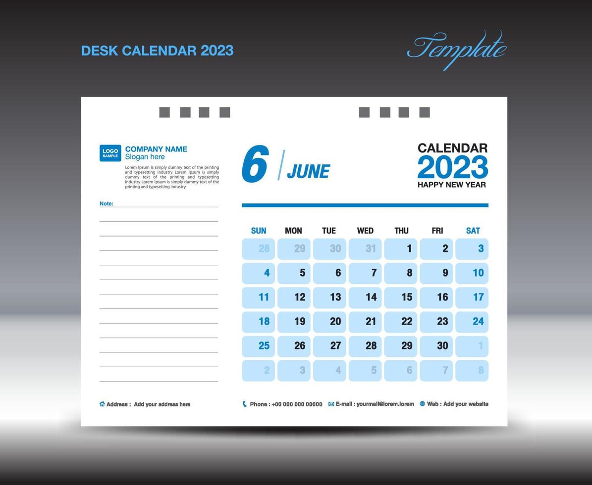 Desk calender 2023 design, June 2023 template, Calendar 2023 template, planner, simple, Wall calendar design, week starts on sunday, printing, advertiement, blue background, vector