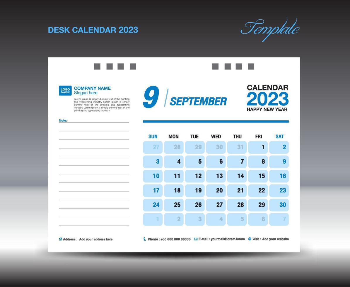 diseño de calendario de escritorio 2023, plantilla de septiembre de 2023, plantilla de calendario 2023, planificador, simple, diseño de calendario de pared, la semana comienza el domingo, impresión, anuncio, fondo azul, vector