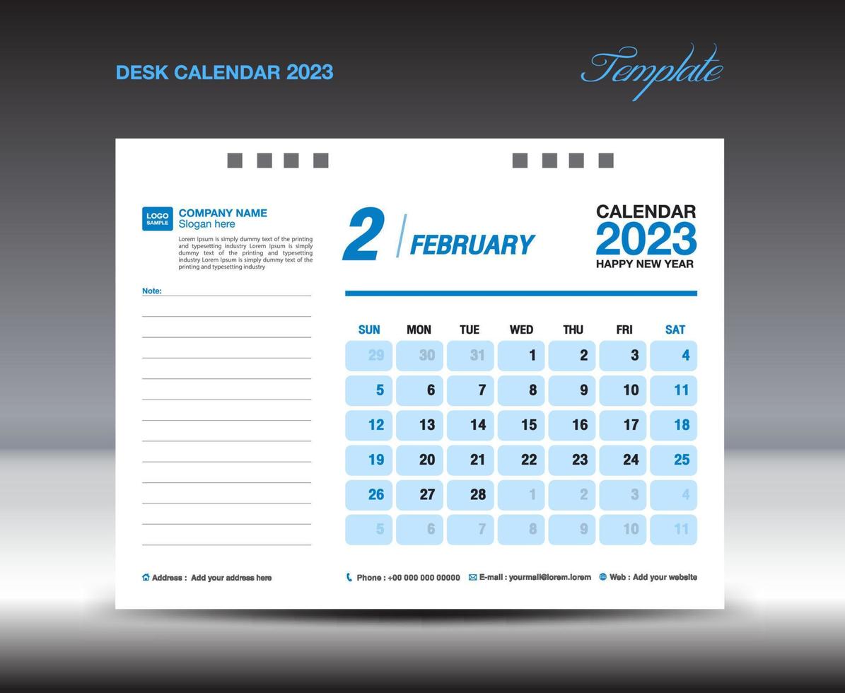 Desk calender 2023 design, February 2023 template, Calendar 2023 template, planner, simple, Wall calendar design, week starts on sunday, printing, advertiement, blue background, vector