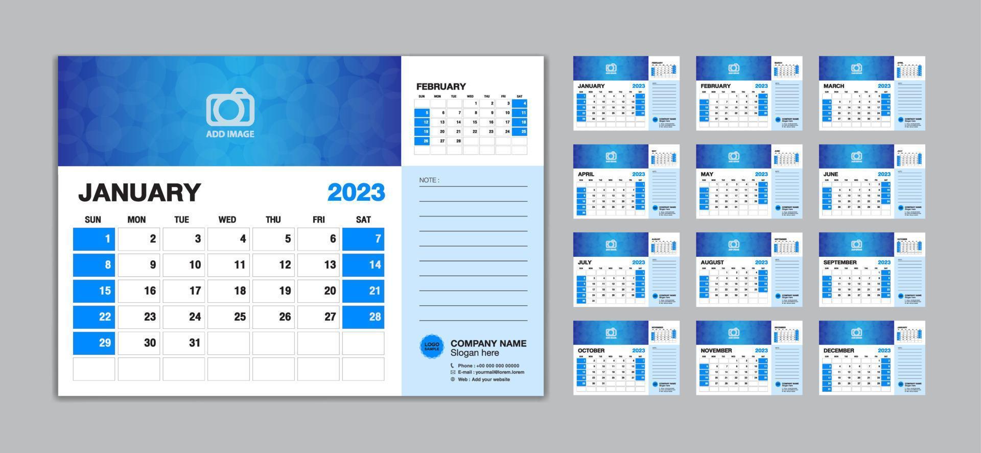 vector de conjunto de plantillas de calendario de escritorio 2023, la semana comienza el domingo, conjunto de 12 meses, calendario creativo 2023 año, calendario de pared 2023, planificador, plantilla de negocios, papelería, medios de impresión, publicidad