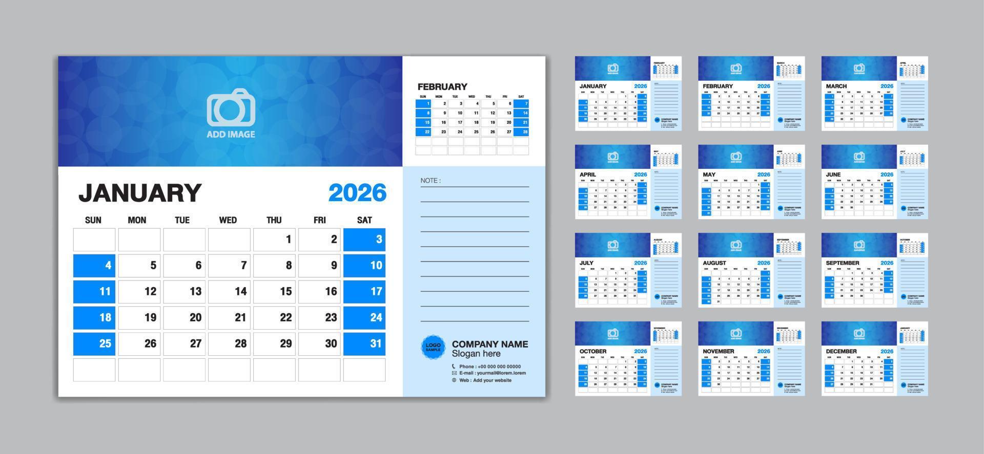 Desk Calendar 2026 template set vector, Week starts Sunday, set of 12 month, creative calendar 2026 year, wall calendar 2026, planner,  business template, Stationery, printing media, advertisement vector