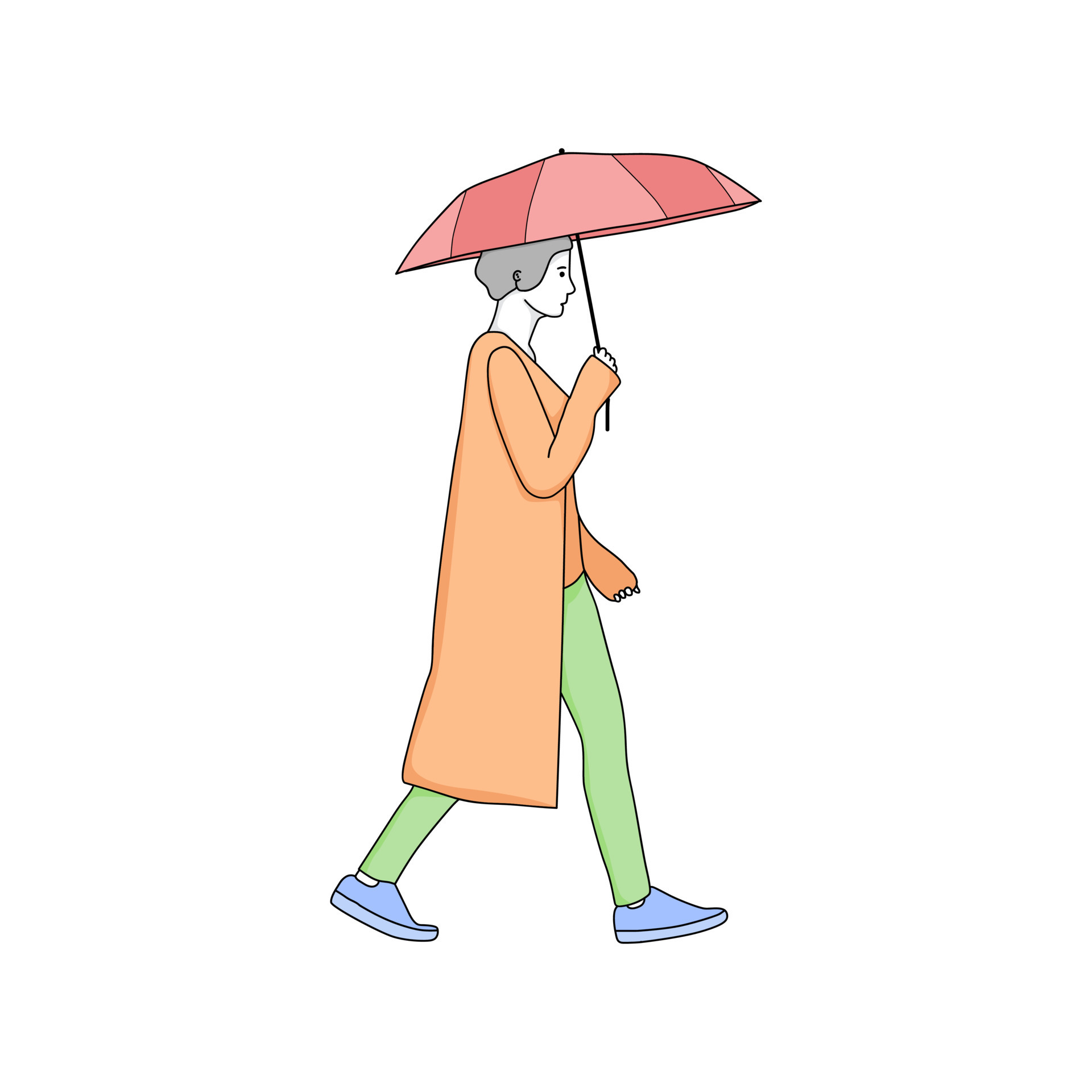 illustration of a person holding an umbrella, people in the rain using