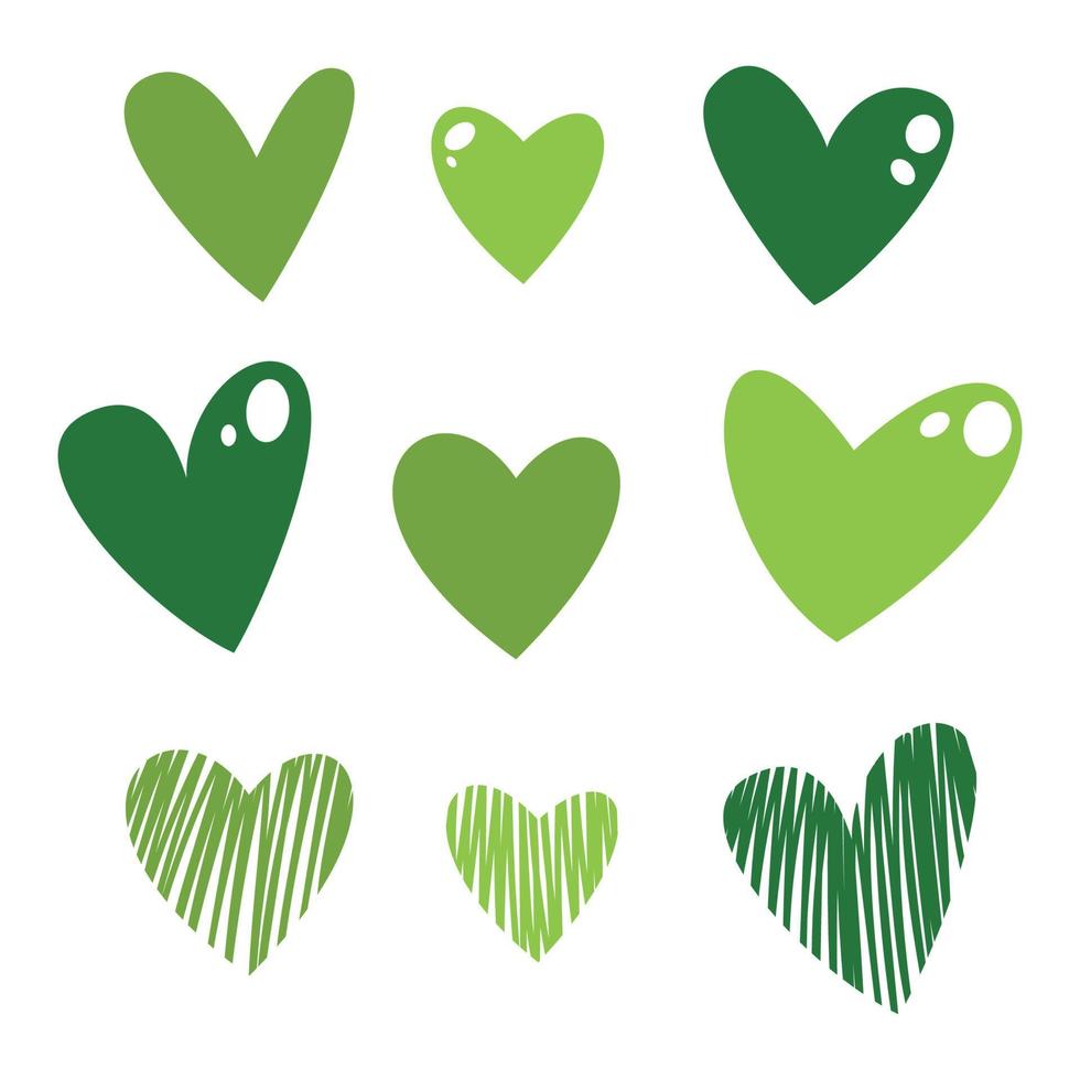 linda colección de corazones dibujados a mano. corazones verdes. elementos de diseño en forma de corazón listos para usar para tarjetas de felicitación, pancartas, boletines. se puede utilizar para hacer patrones e imprimir. vector