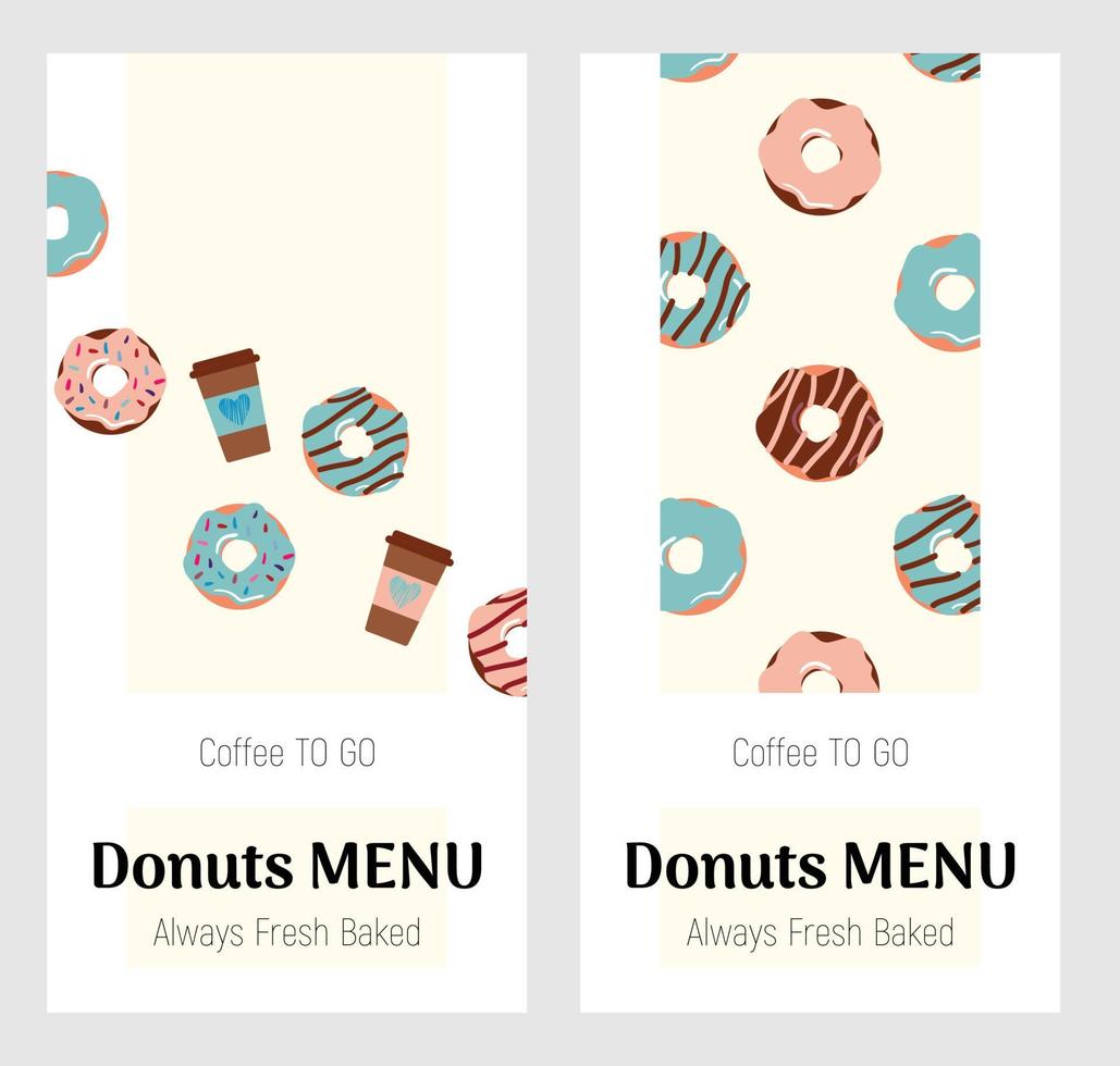 dibujó lindos donuts y tazas de café sobre un delicioso fondo lechoso. perfecto para cafetería y pastelería, panadería. vector