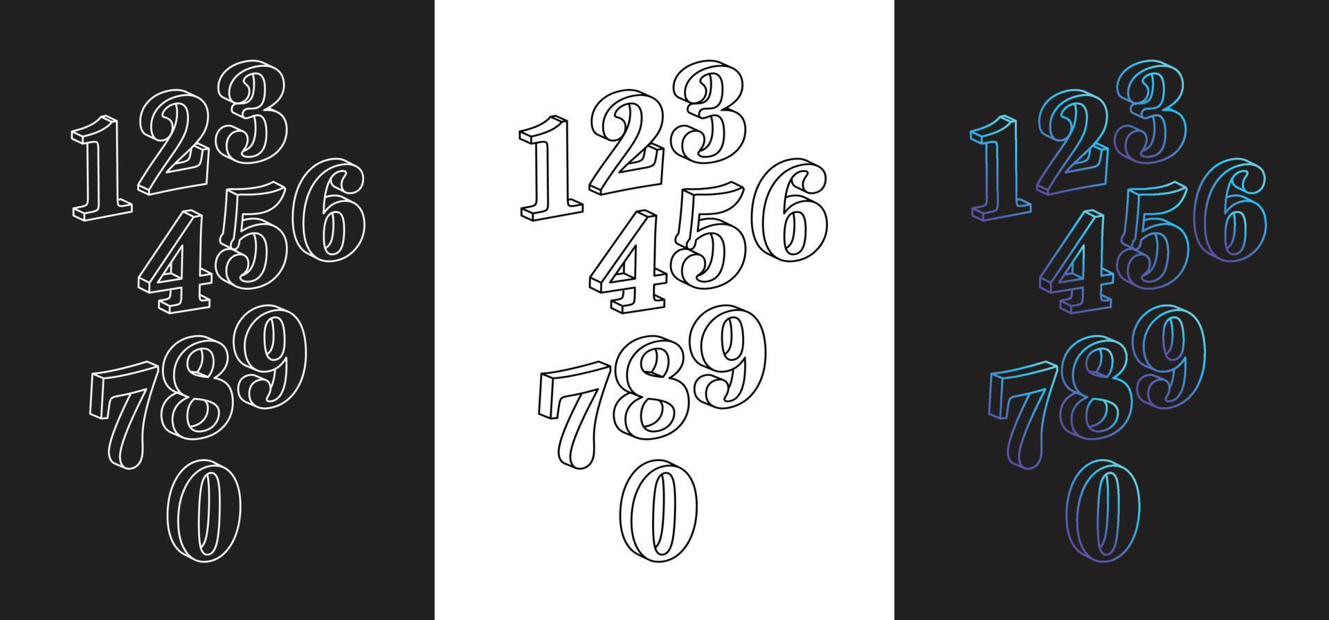 Contour 3d figures set. Set of volumetric figures from 0 to 9. Black and white. Gradient. Neon glow effect. You can make any number. Suitable for web, promotions and more vector
