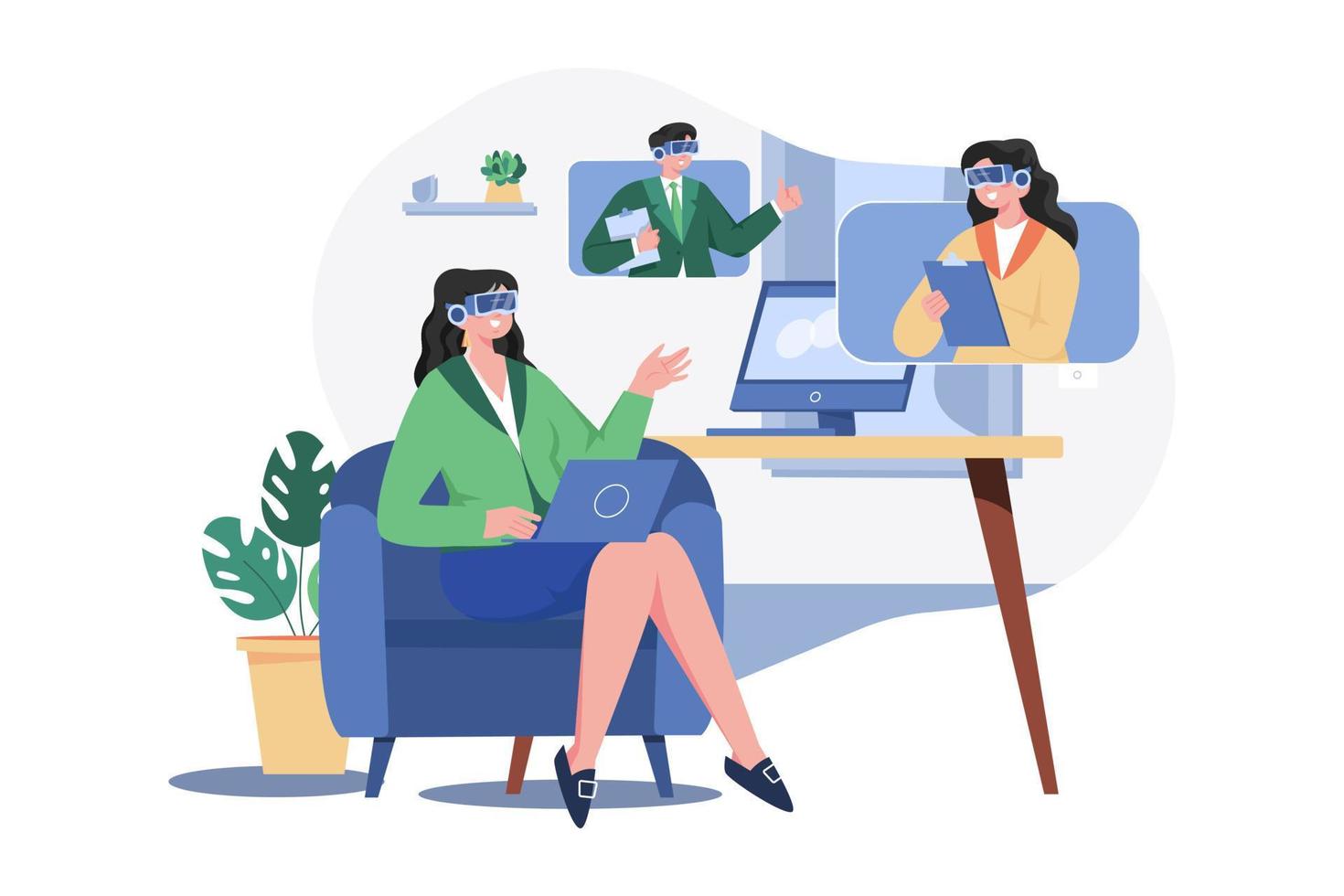 Businesswoman puts on VR glasses for online meeting metaverse virtual reality technology at home vector