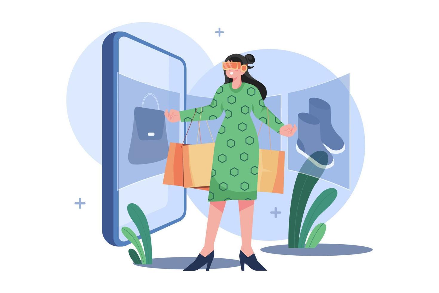 Woman wearing VR glasses having 3D experience in shopping in the metaverse. vector