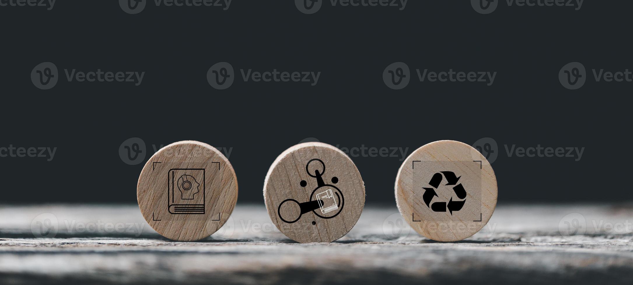 Knowledge and education concept. Concept creative idea and innovation. Hand choose wooden cube block with head human symbol and light bulb icon. Learning with smart technology. photo