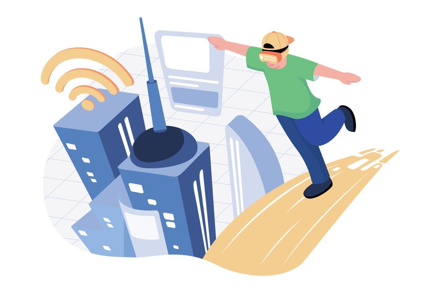 High angle view of a man walking on the digital bridge to a futuristic metaverse smart city vector