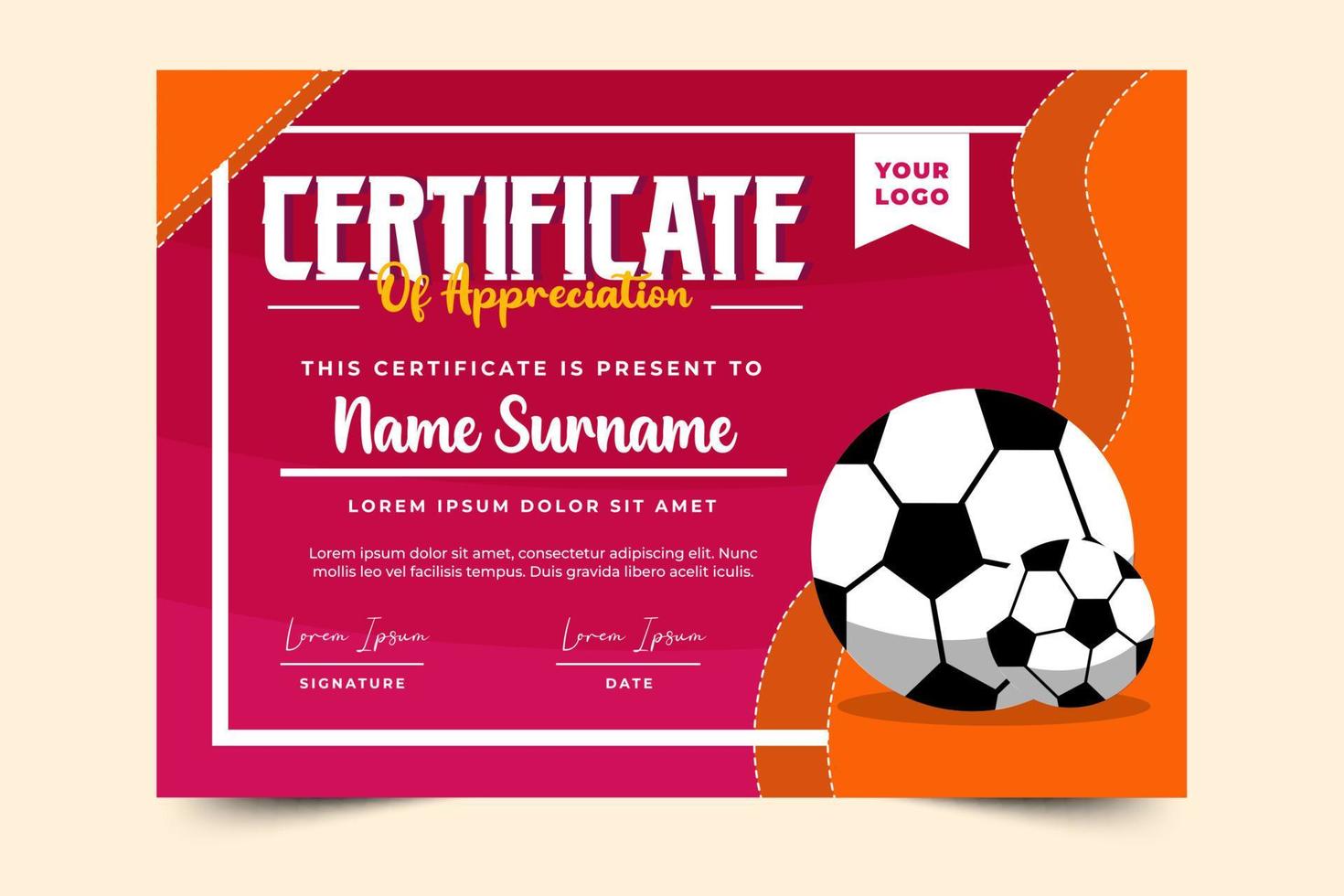 Football tournament sport event certificate design template simple and elegant design vector