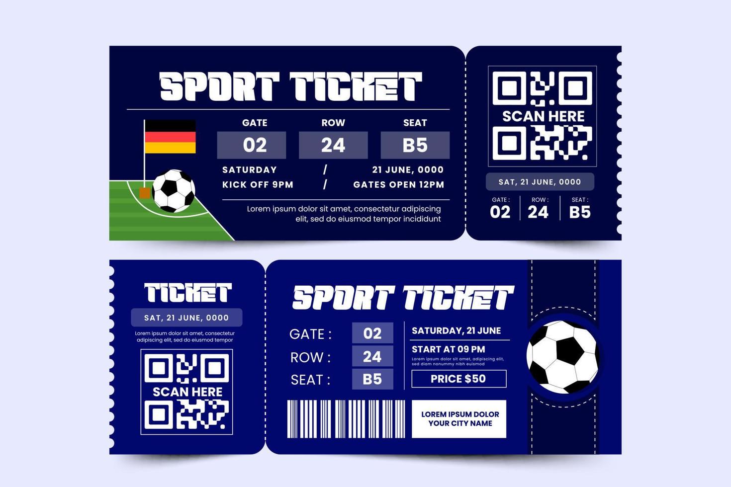 Football tournament sport event ticket vouchers design template easy to customize vector