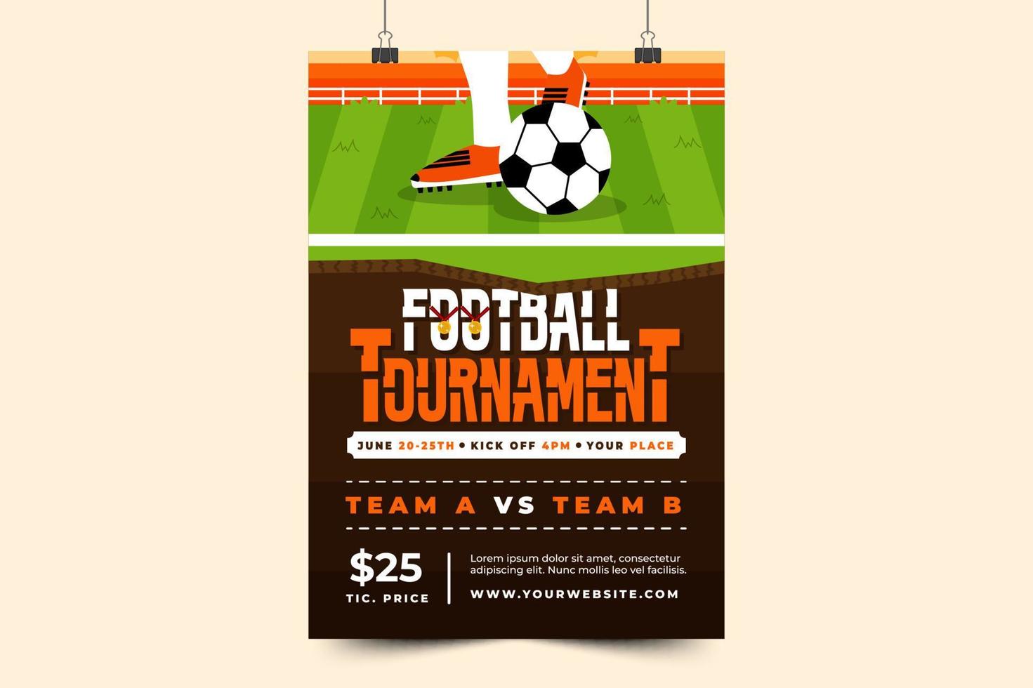 Football tournament sport event poster or flyer design template simple and elegant design vector