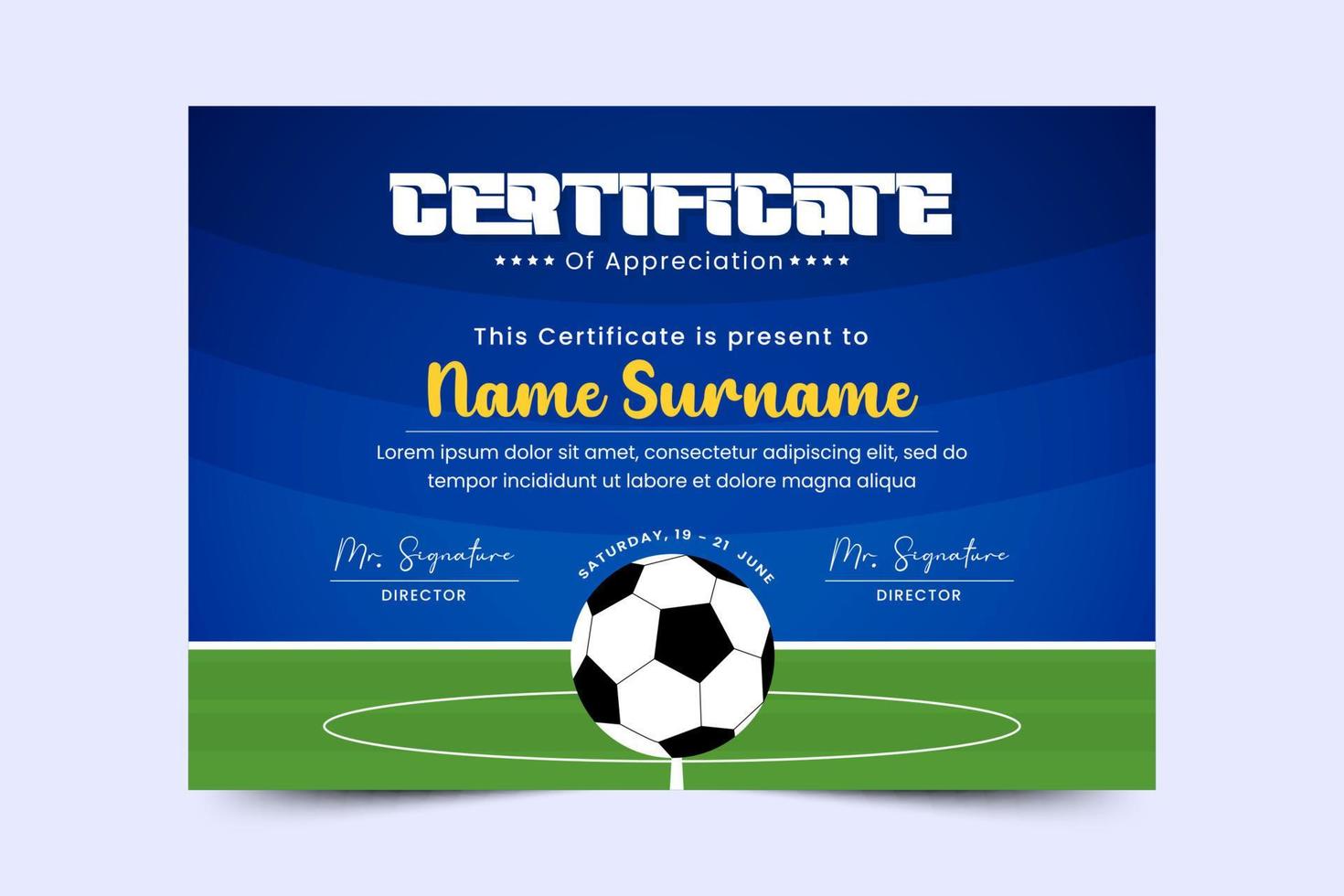 Football tournament sport event certificate design template easy to customize vector