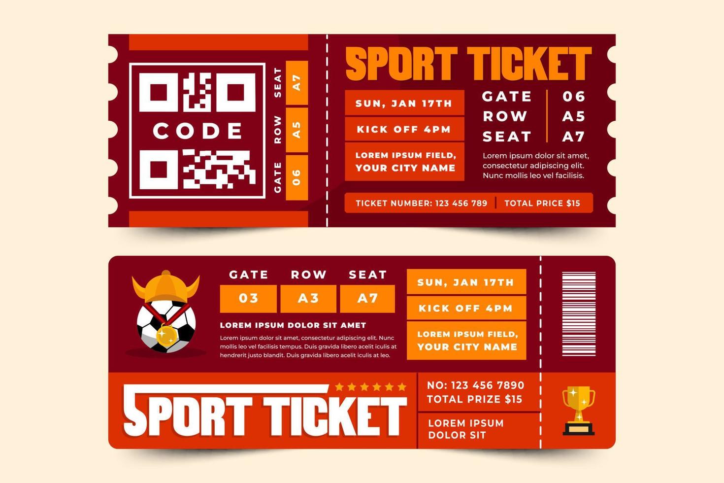 Football tournament sport event ticket vouchers design template easy to customize vector