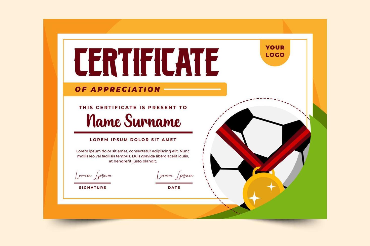 Football tournament sport event certificate design template simple and elegant design vector