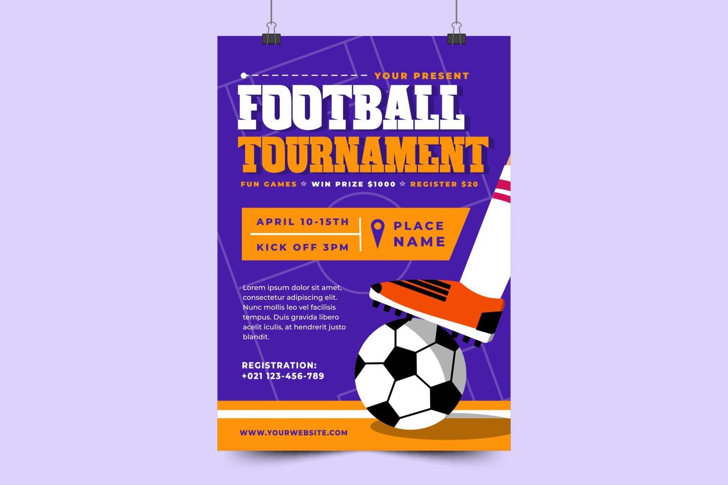 Football tournament sport event poster or flyer design template simple and elegant design vector