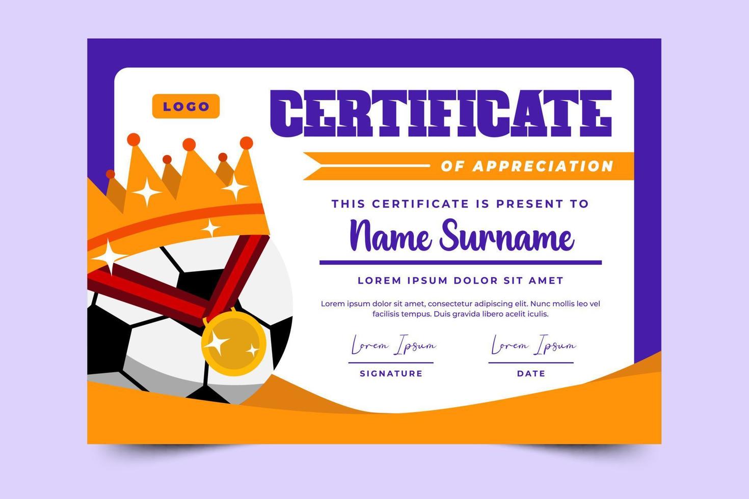 Football tournament sport event certificate design template simple and elegant design vector