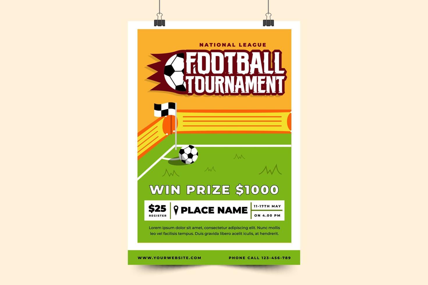 Football tournament sport event poster or flyer design template simple and elegant design vector