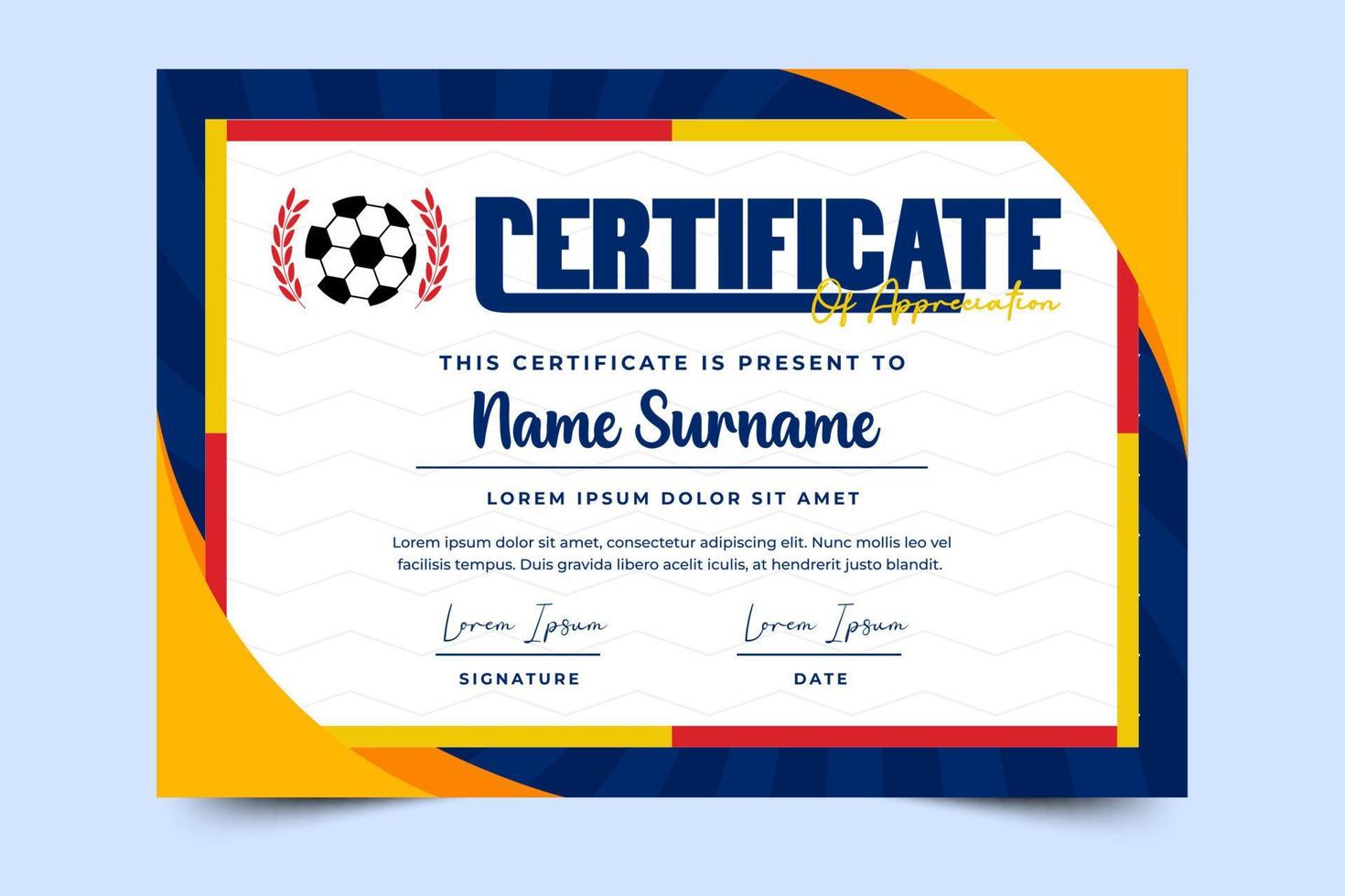 plantilla de diseño de certificado de evento deportivo de torneo de fútbol diseño simple y elegante vector