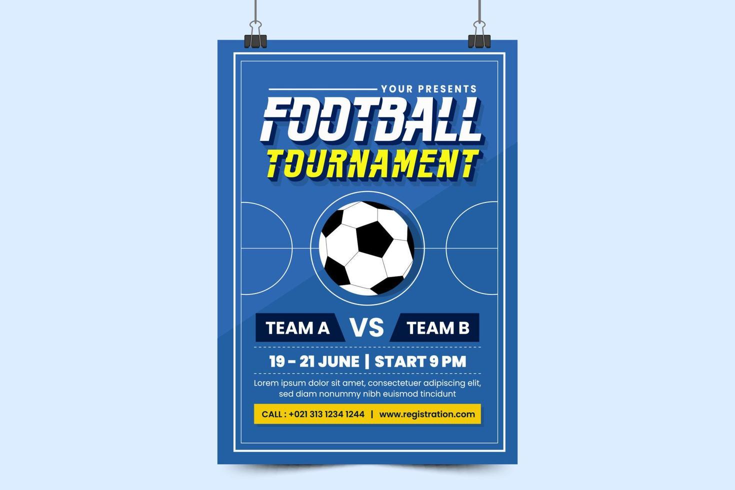 Football tournament sport event poster or flyer design template simple and elegant design vector