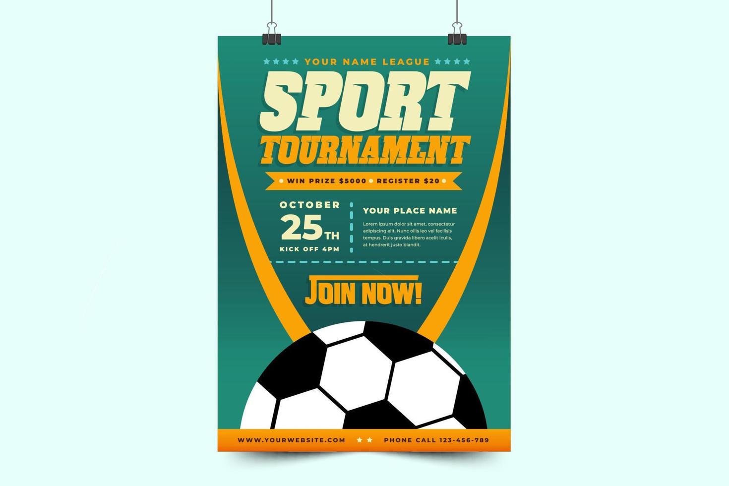Football tournament sport event poster or flyer design template simple and elegant design vector