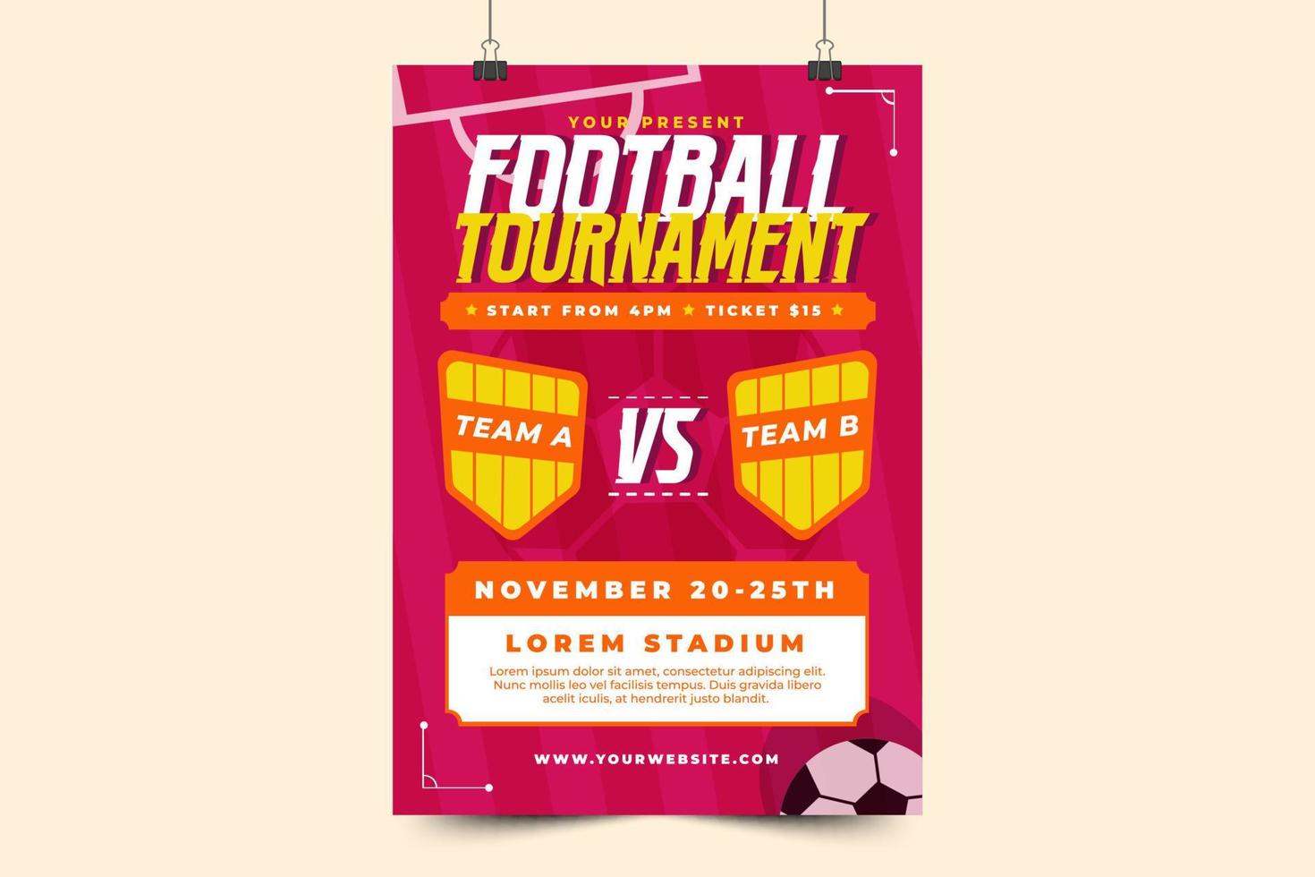 Football tournament sport event poster or flyer design template simple and elegant design vector