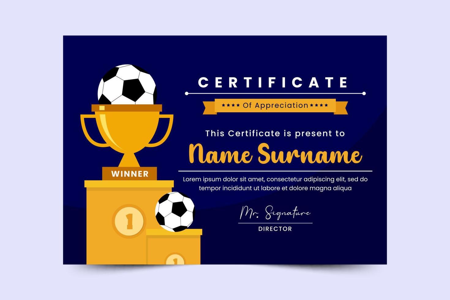 plantilla de diseño de certificado de evento deportivo de torneo de fútbol fácil de personalizar vector