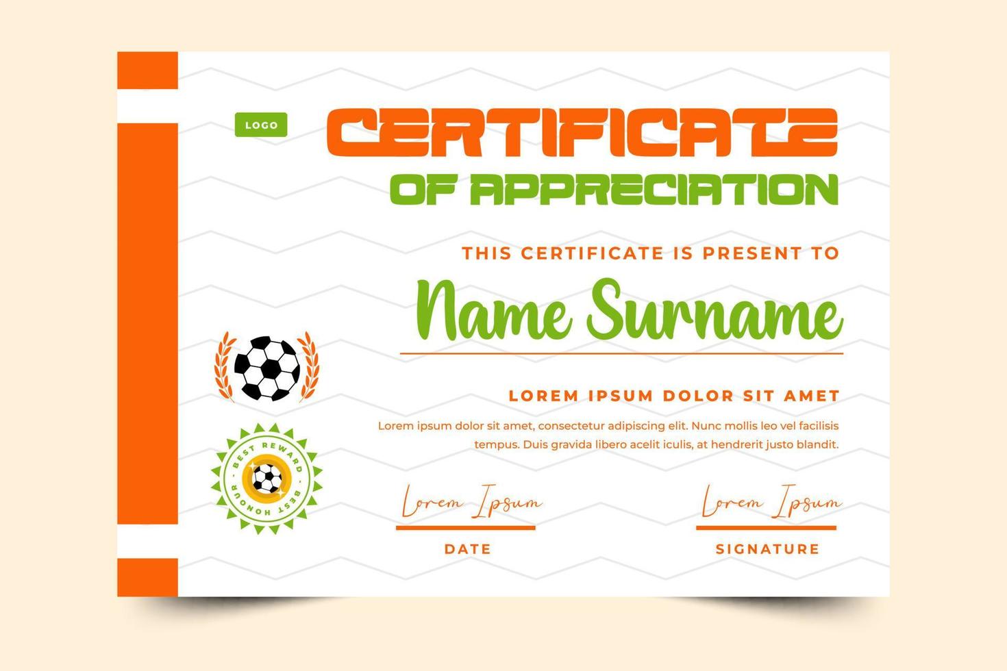 Football tournament sport event certificate design template easy to customize vector