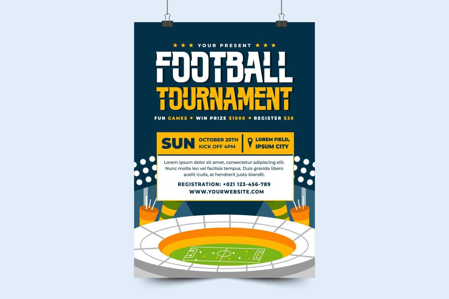 Football tournament sport event poster or flyer design template simple and elegant design vector