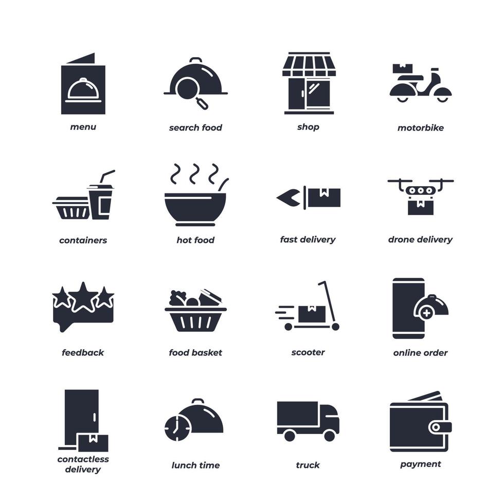 food delivery set icon, isolated food delivery set sign icon, icon color editable. vector illustration