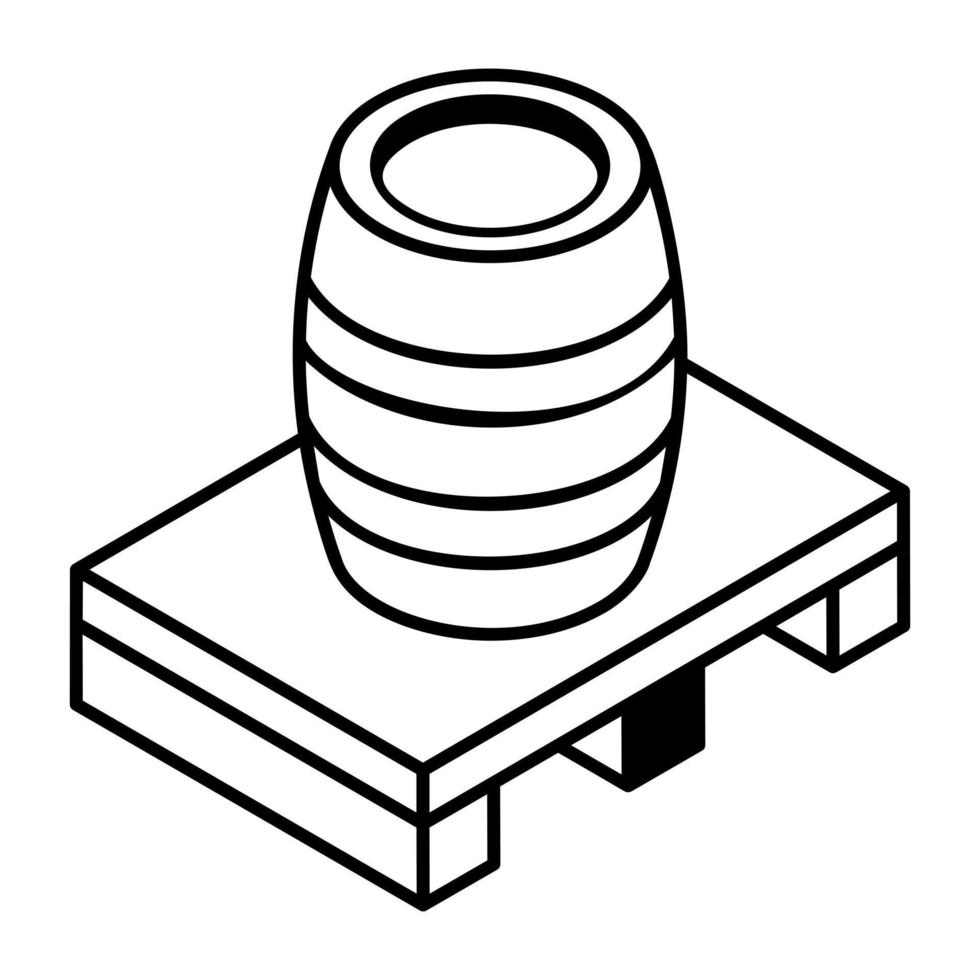 un barril en palet de madera, icono de línea vector