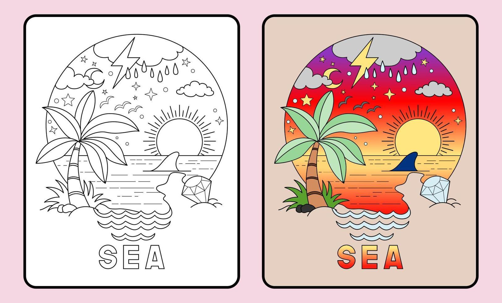 learn coloring for kids and elementary school. sunset over the sea vector