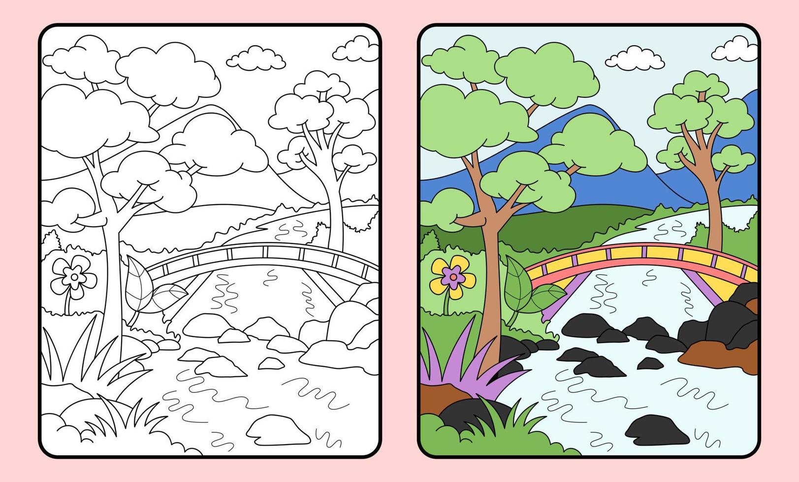 learn coloring for kids and elementary school. Mountains and rivers, bridges. vector