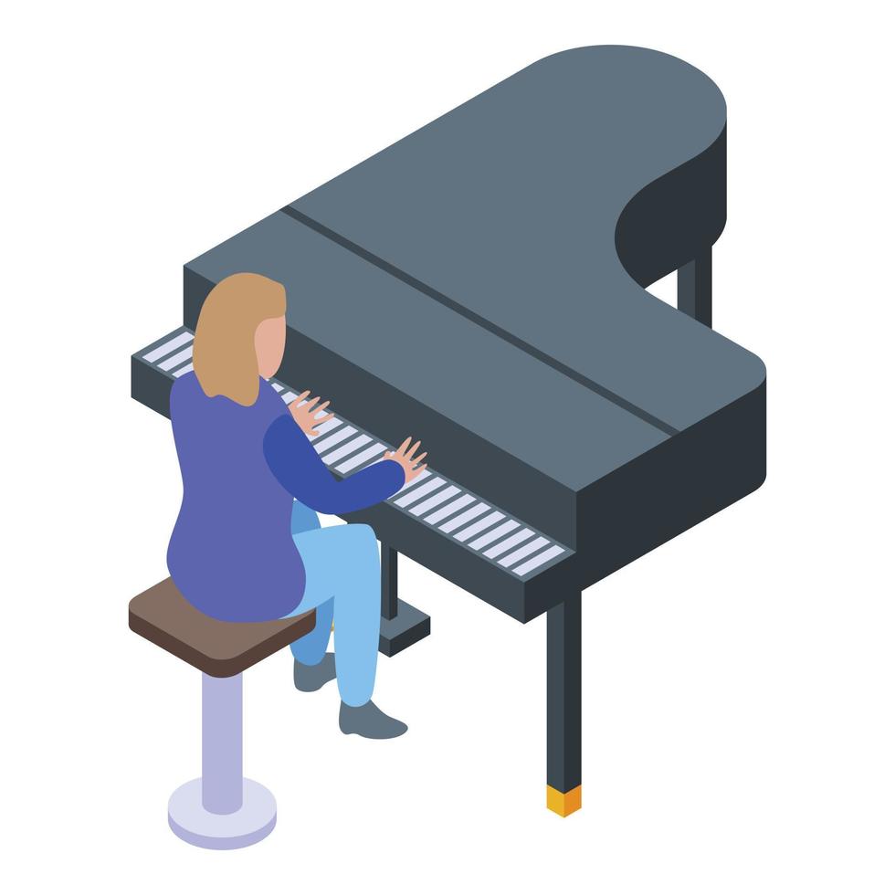 Girl playing at grand piano icon, isometric style vector