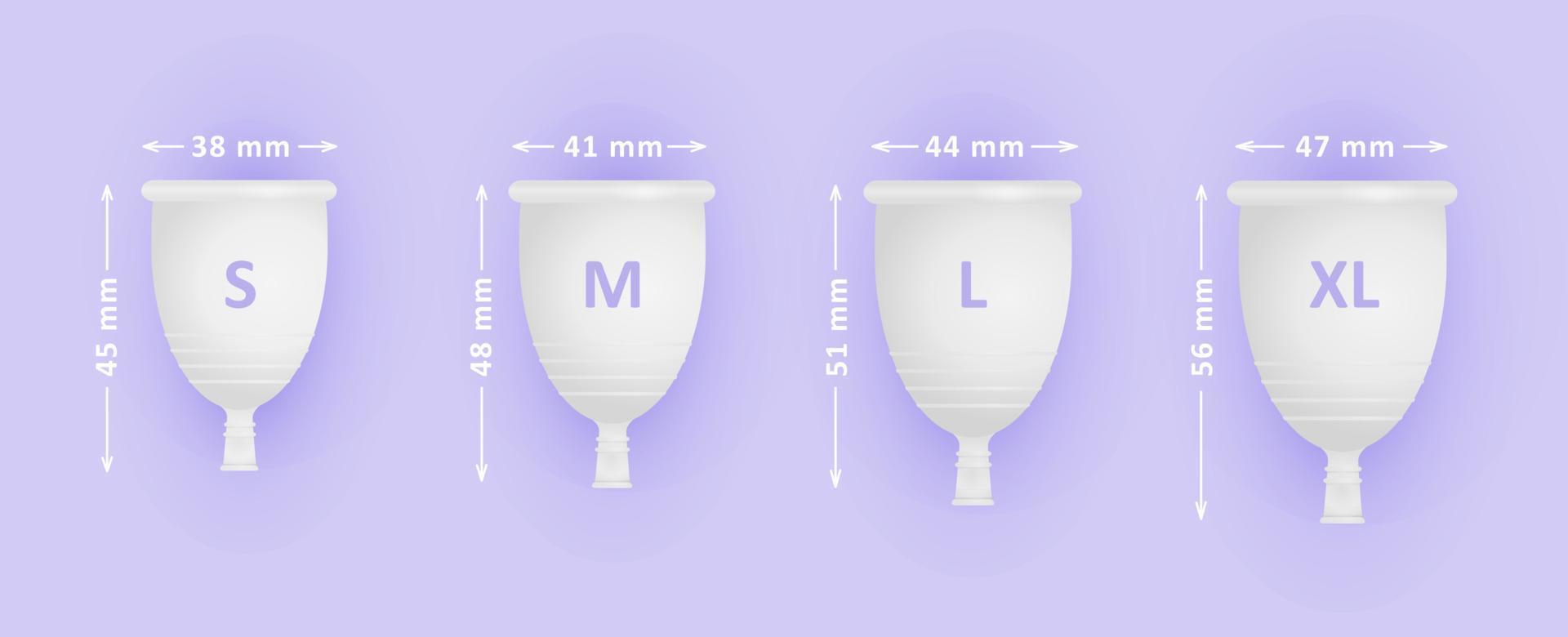 Feminine menstruation cup set. Different sizes of cups S, M, L, XL. Womans menstrual care. 3D realistic vector illustration of intimate hygiene products.