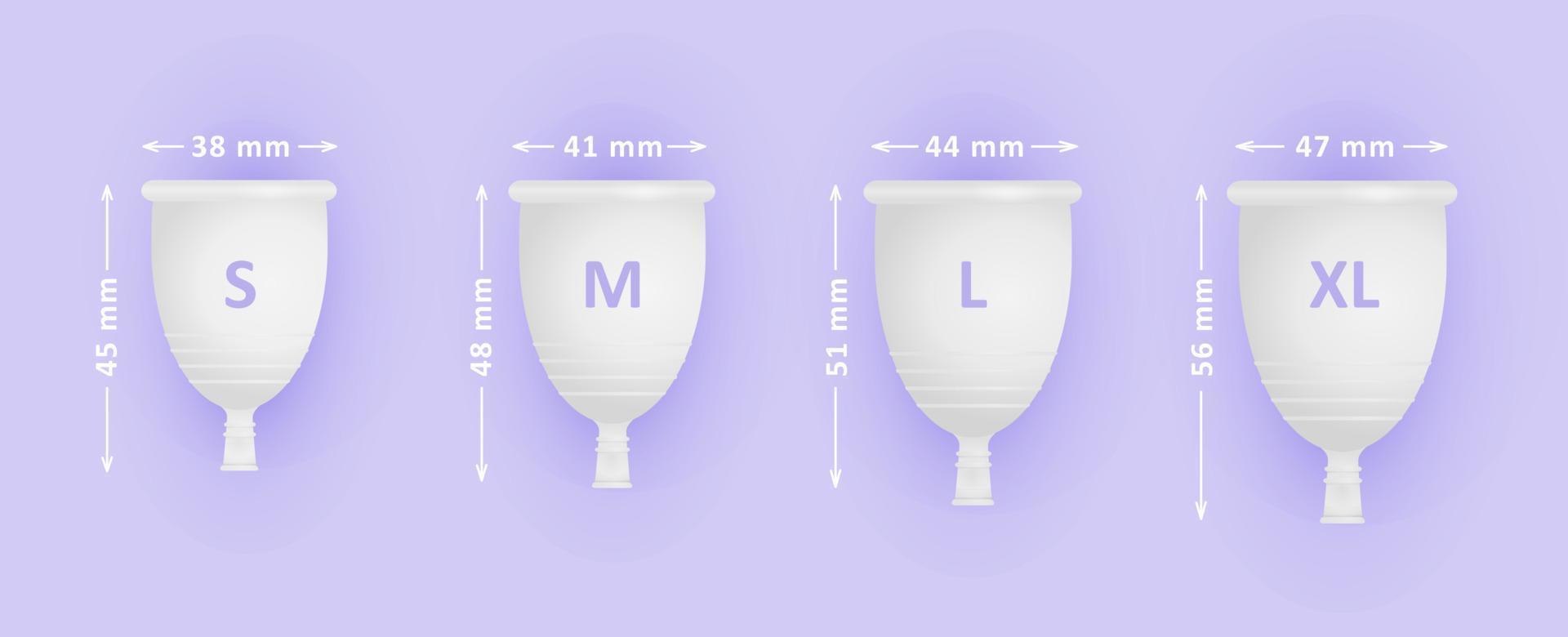 juego de copa de menstruación femenina. diferentes tamaños de tazas s, m, l, xl. cuidado menstrual de la mujer. 3d ilustración vectorial realista de productos de higiene íntima. vector