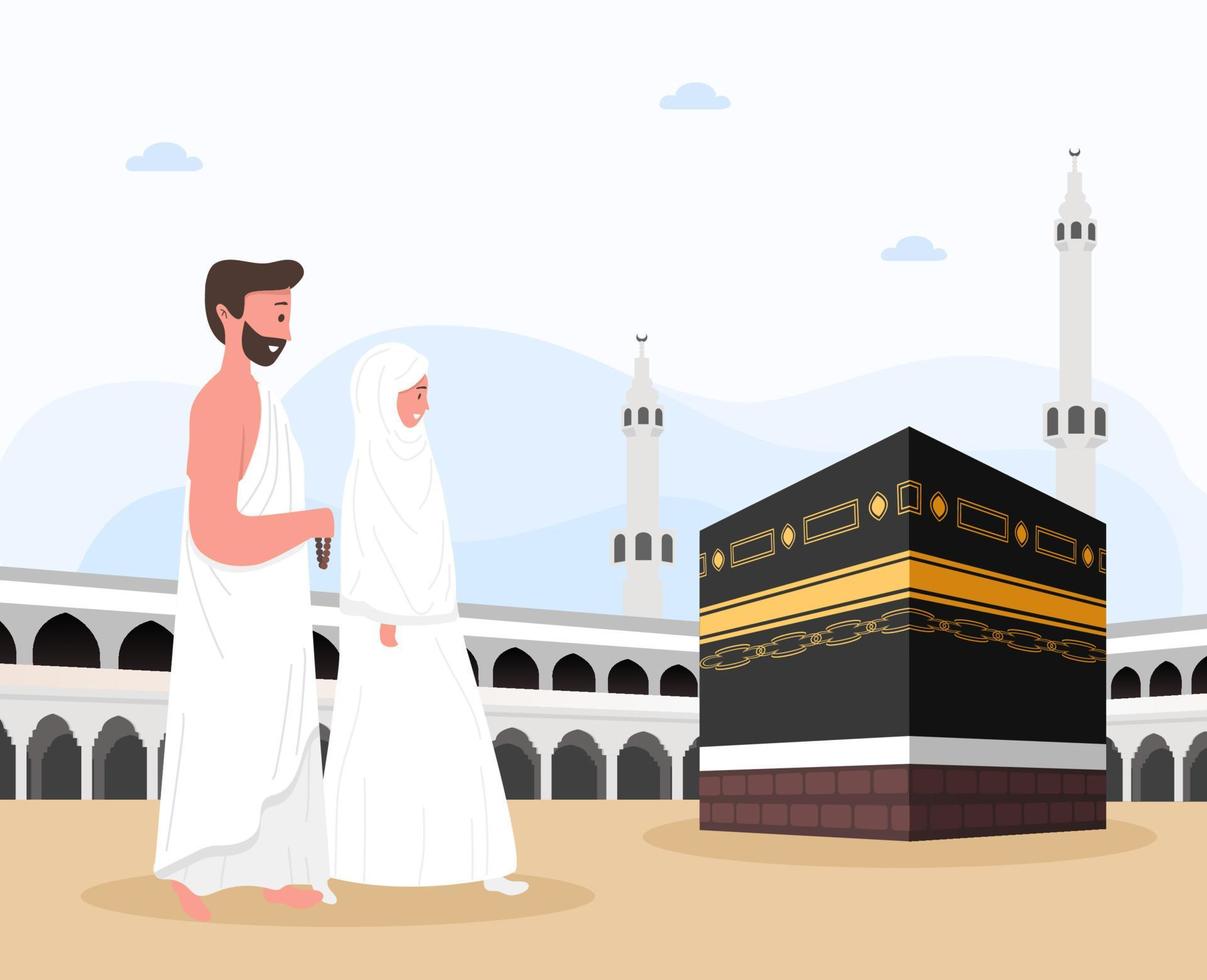 Kaaba vector for hajj mabroor in Mecca Saudi Arabia. Pilgrimage steps from beginning to end Arafat Mountain for Eid Adha Mubarak. Islamic background on sky and clouds. Hajj ritual.