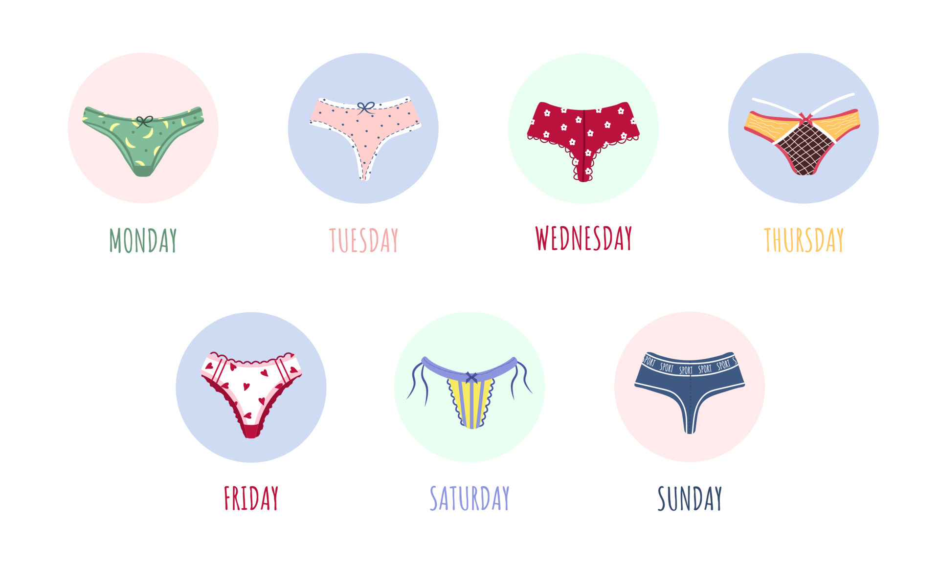 Modern female panties collection for week. Cute colorful weekly knickers  with bows and lace. Trendy undergarments. Vintage vector illustration in  flat cartoon style. Suitable for logo, icon, banner 15845574 Vector Art at