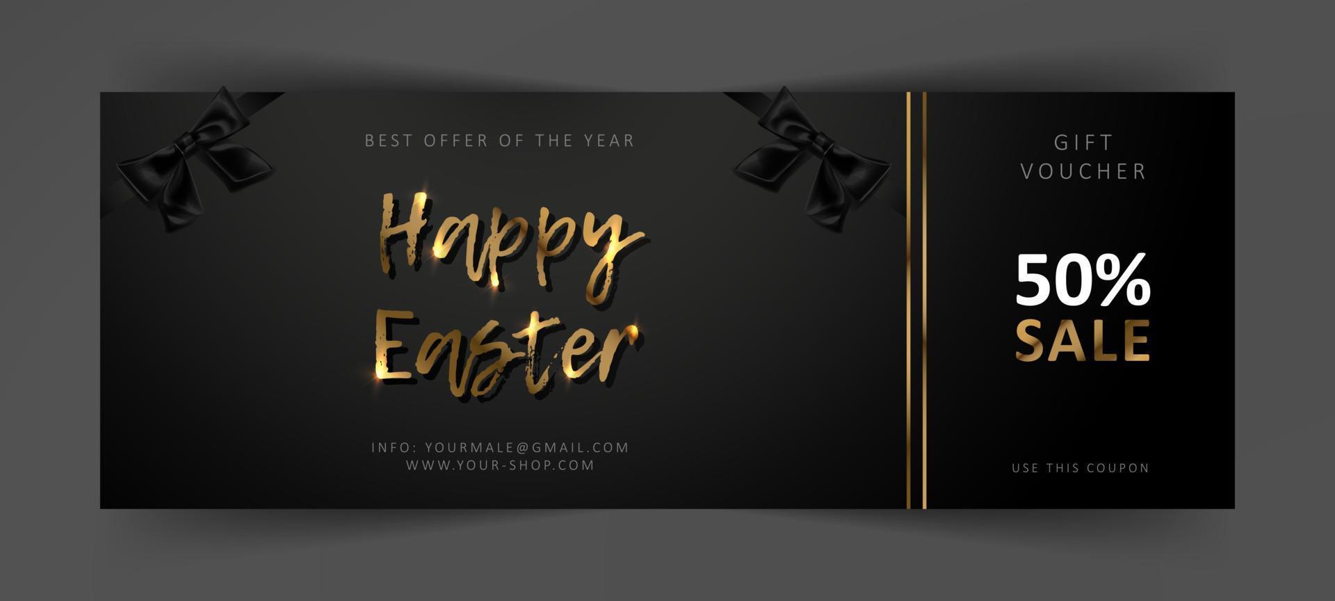 Easter gift voucher. Commercial discount coupon. Black background with gold lettering vector