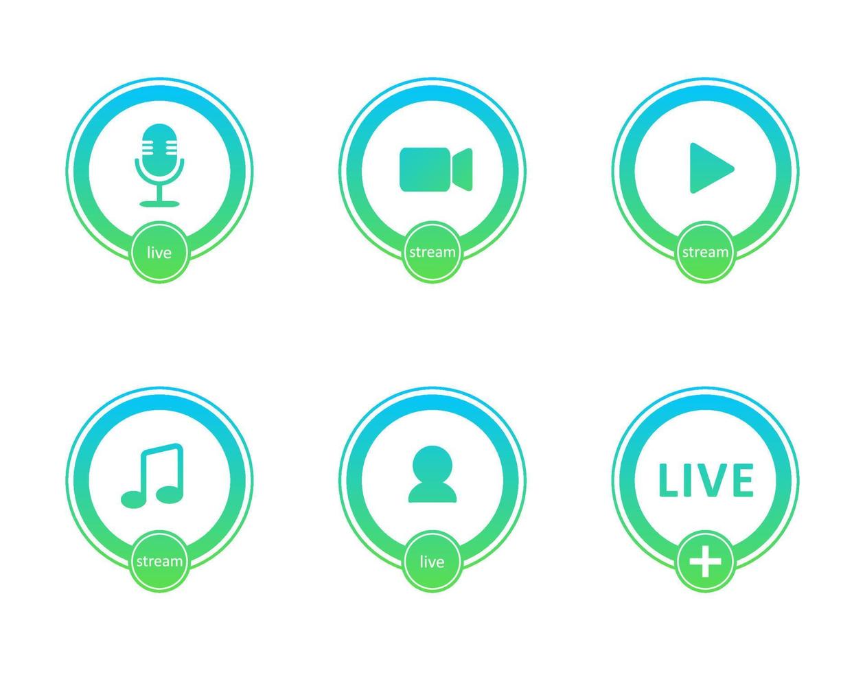 Set of live streaming icons. Gradient symbols and buttons of live streaming, broadcasting, online webinar. Label for tv, shows, movies and live performances. Vector flat illustration. EPS10.