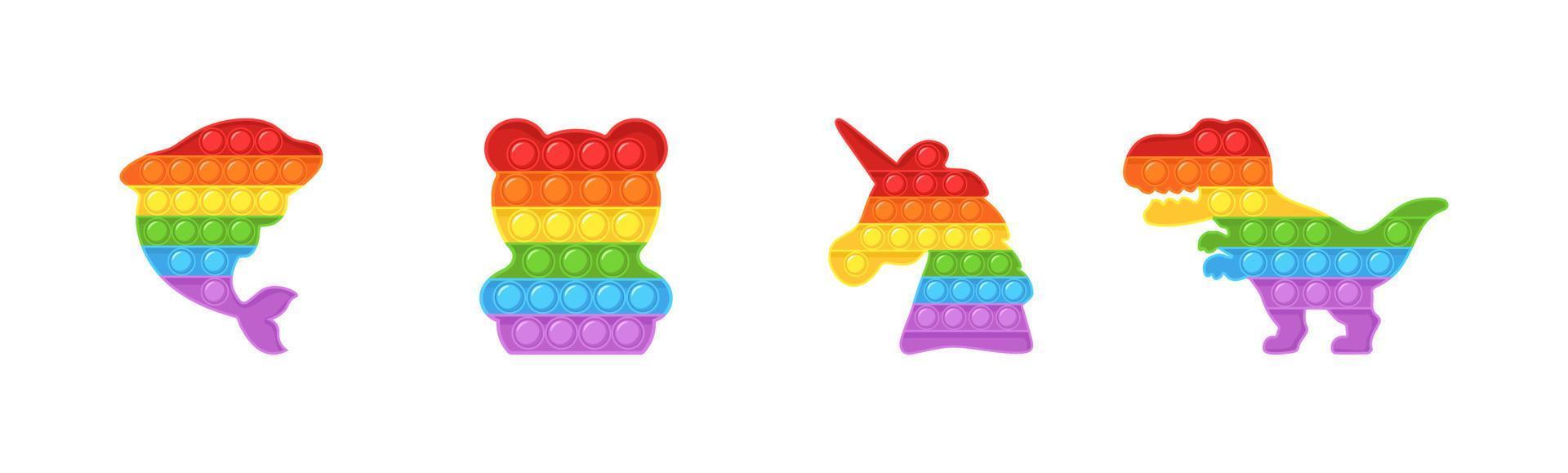 Pop it fidget. Set of trendy sensory playthings. Different shaped antistress children game. Colorful hand toy with push bubbles. Vector illustration in flat cartoon style