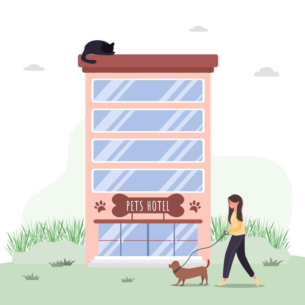 Pets hotel. Veterinary hospital services and domestic animals hotels. Dogs grooming and health check center. Vet clinic, robotic pet sitters metaphors. Vector illustrations in flat style.