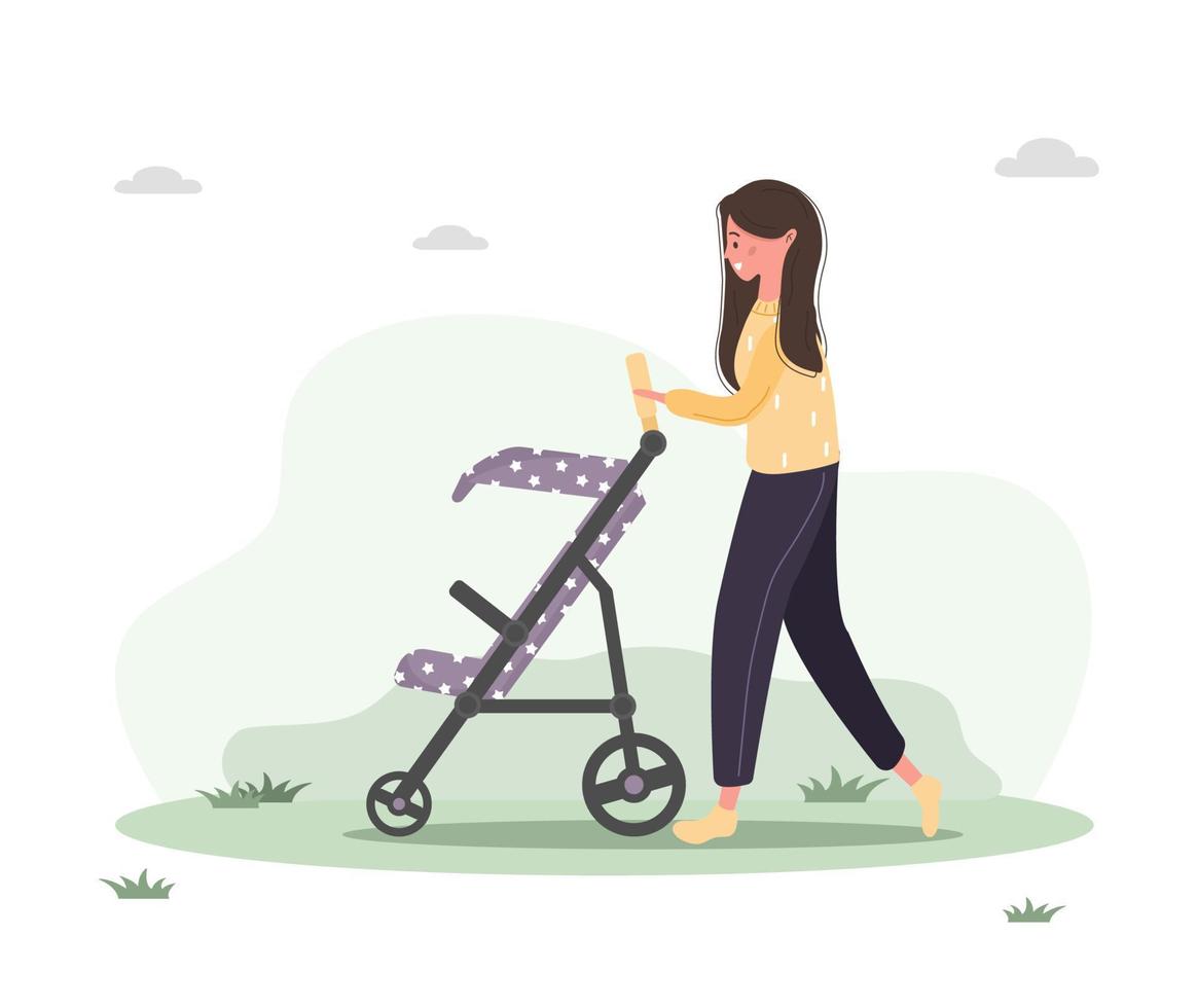 mujer joven caminando con su hijo recién nacido en un cochecito. niña sentada con un cochecito y un bebé en el parque al aire libre. ilustraciones vectoriales en estilo plano. vector